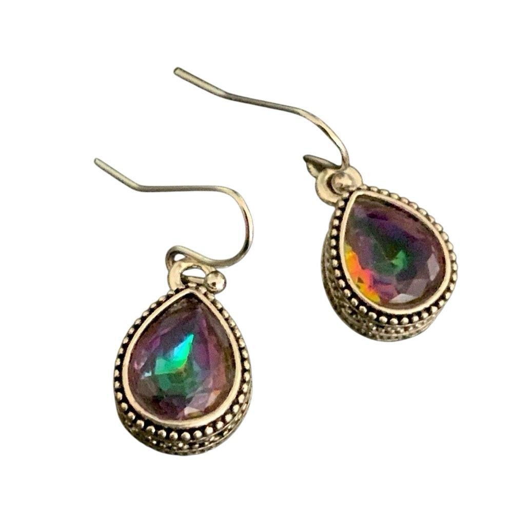 Prism Glass Teardrop Earrings - Iridescent Crystal, Balinese Style